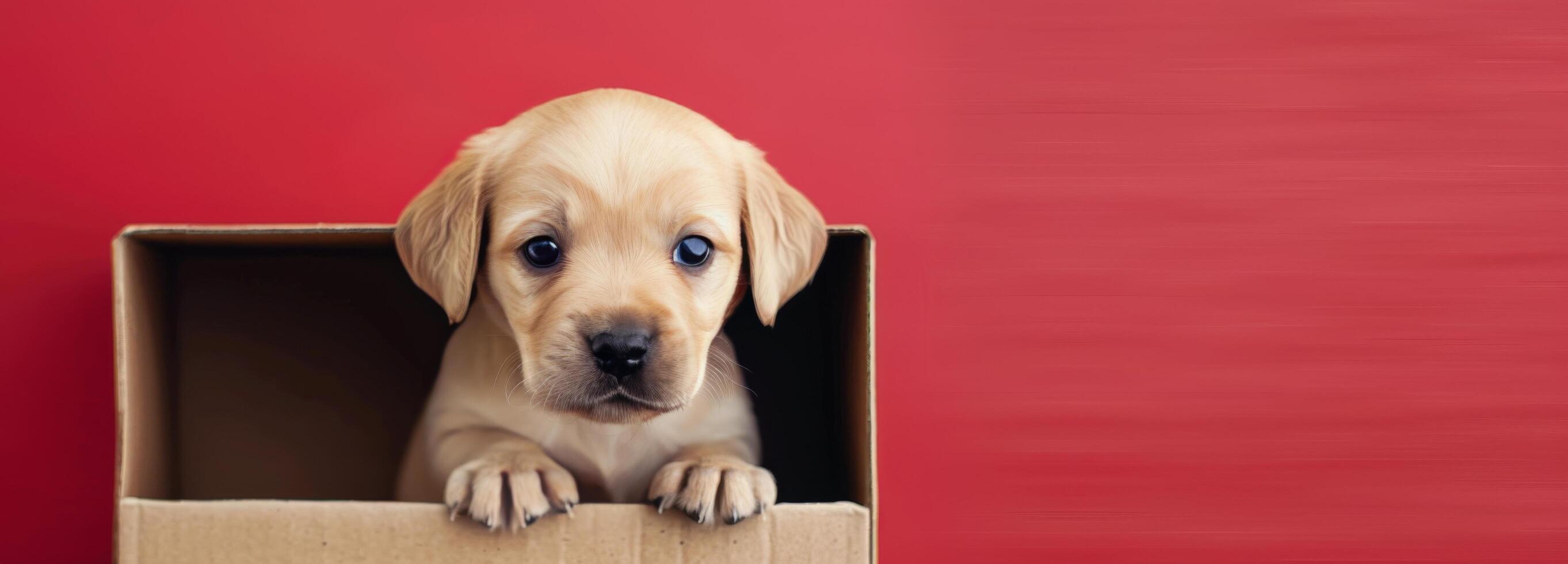 Cute Puppy Inside Cardboard Box Against Red Background photo