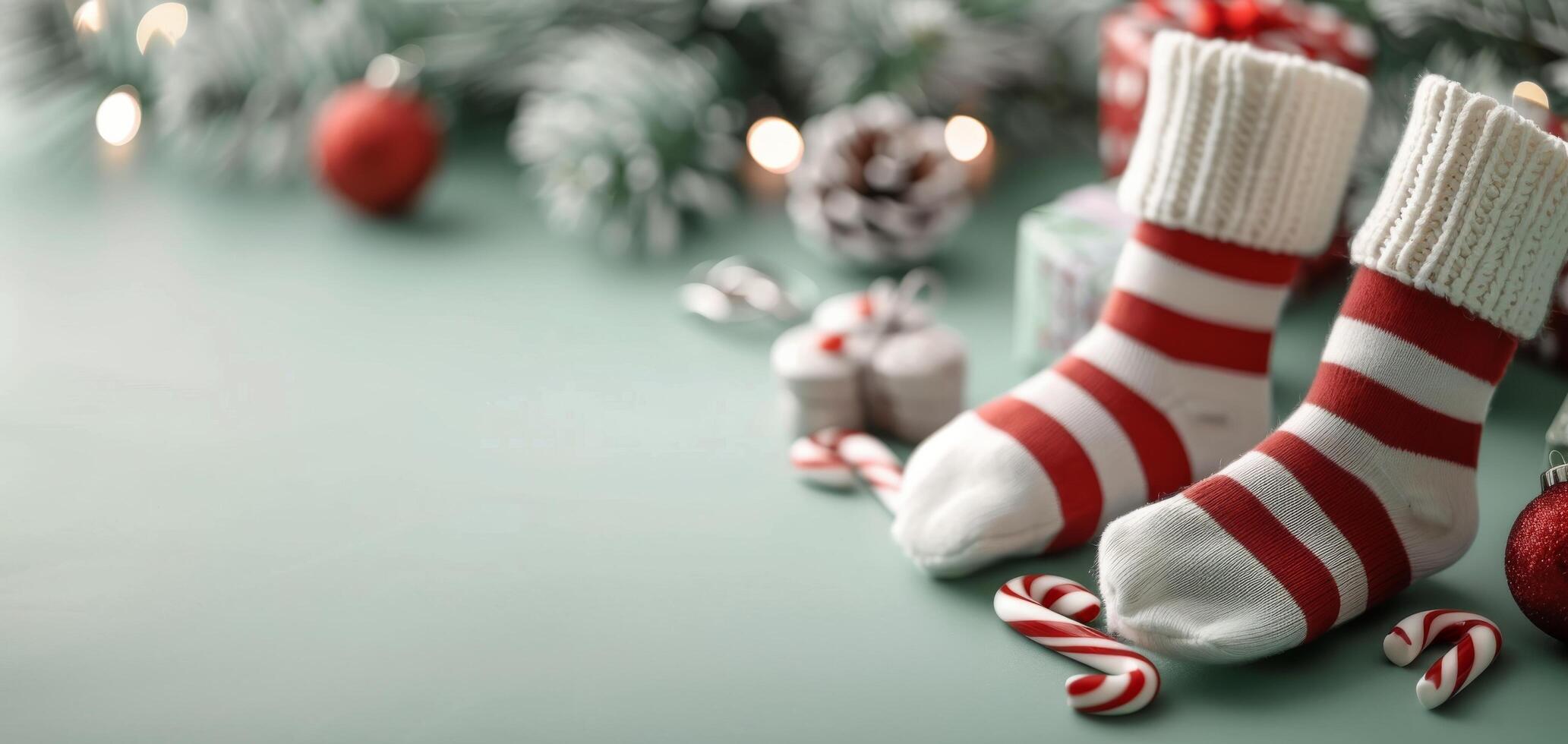Festive Red Christmas Stocking Surrounded by Gifts and Decorations on Holiday Background photo