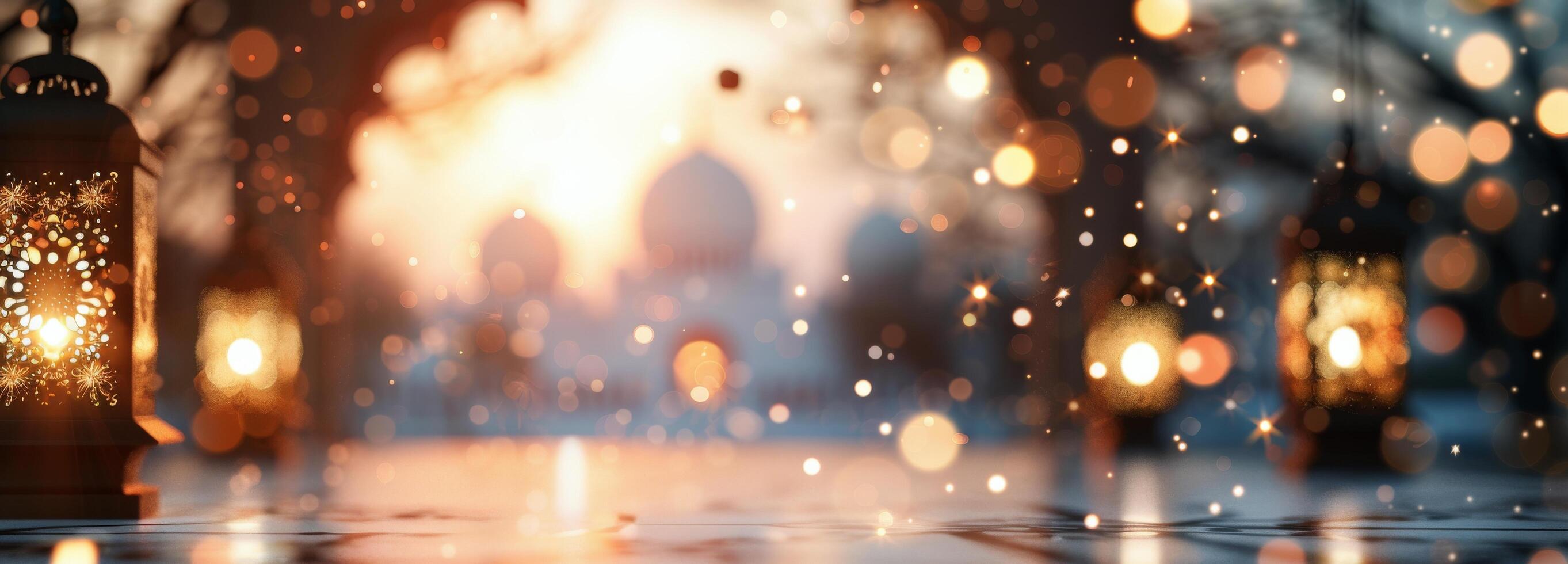 Decorative Lanterns Illuminating a Sparkling Background During a Festive Evening photo
