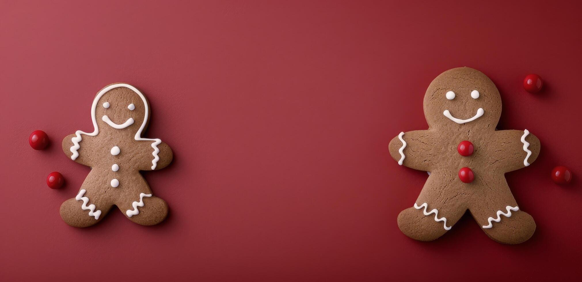 Gingerbread Cookies With Decorations on Red Background photo