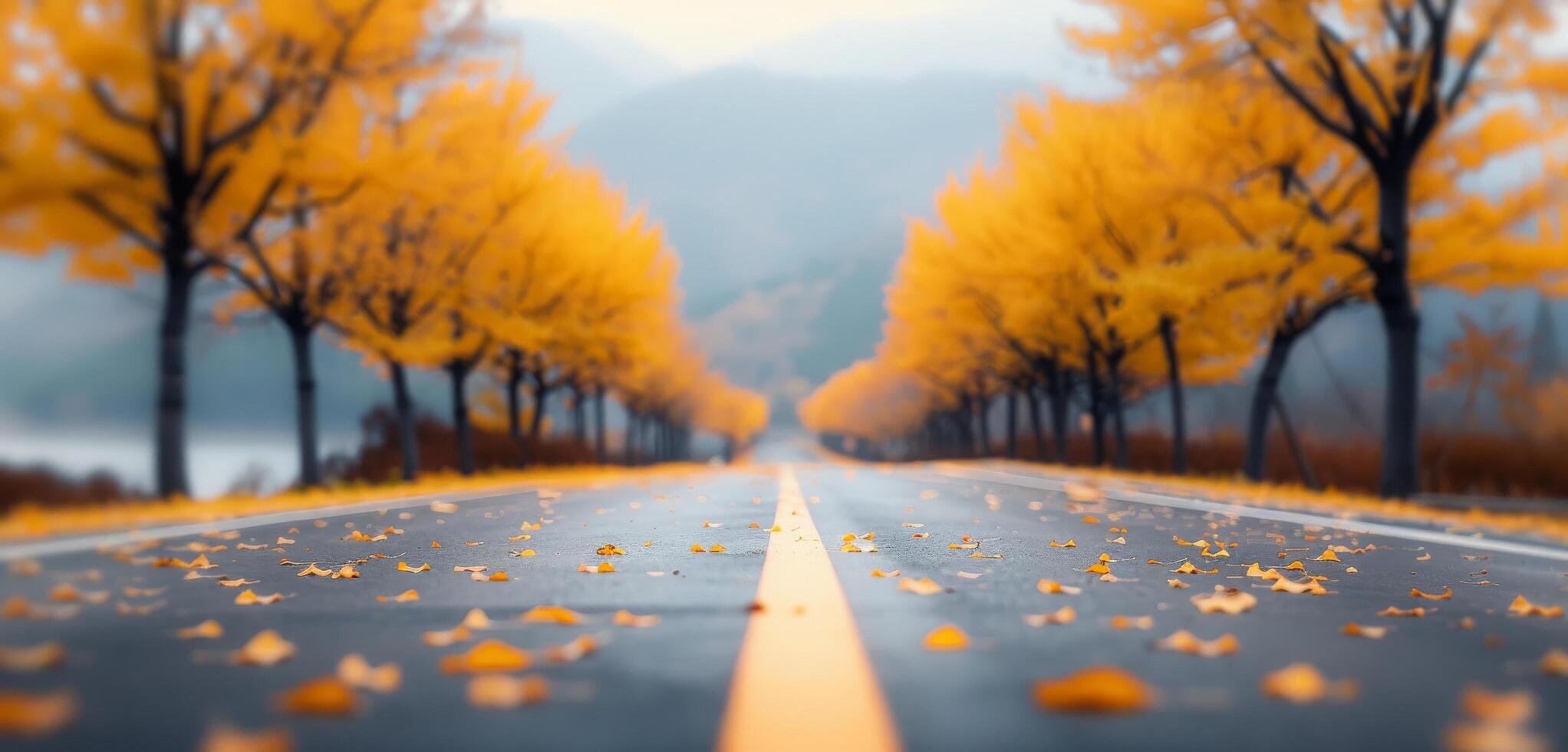 Autumn Trees Lining a Foggy Road With Fallen Leaves in a Scenic Landscape photo
