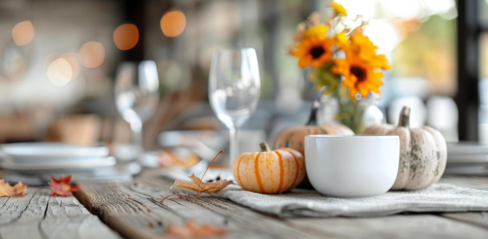 Autumn Harvest Table Decor With Pumpkins and Wine Glasses in Cozy Setting photo