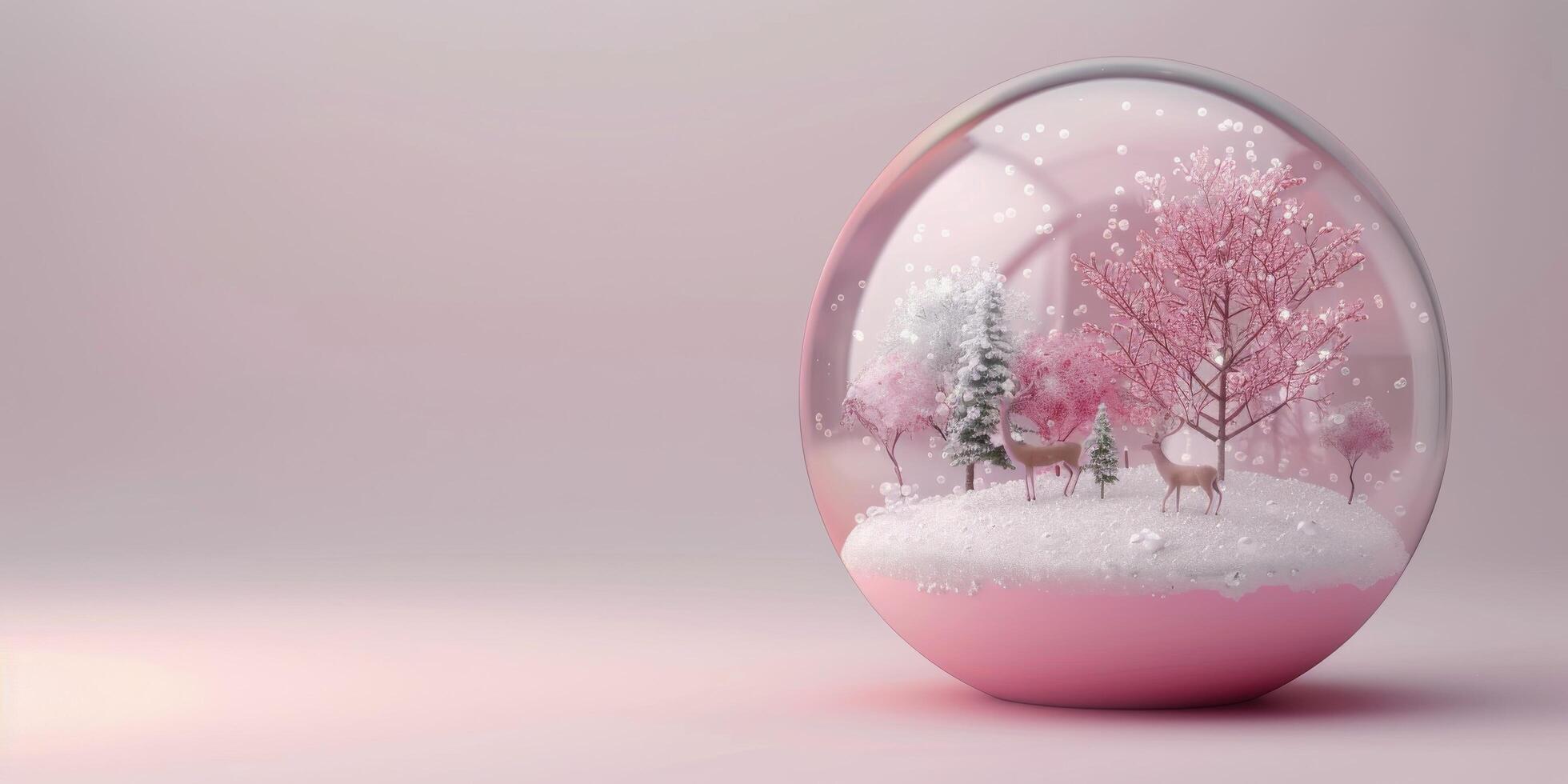 Enchanted Winter Scene With Cherry Blossom Trees and White Deer in Snow Globe photo