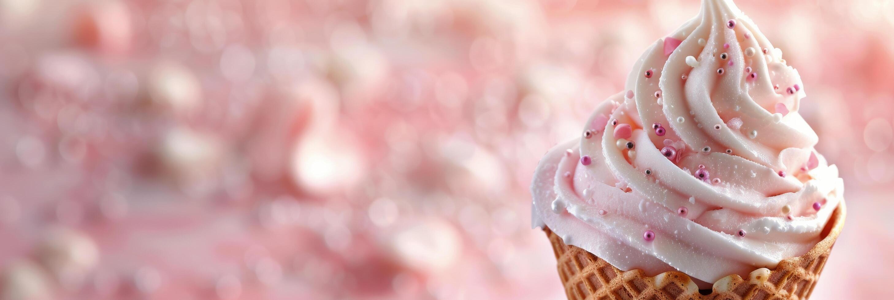 Swirled Pink Ice Cream Cone With Sprinkles on Soft Focus Background photo