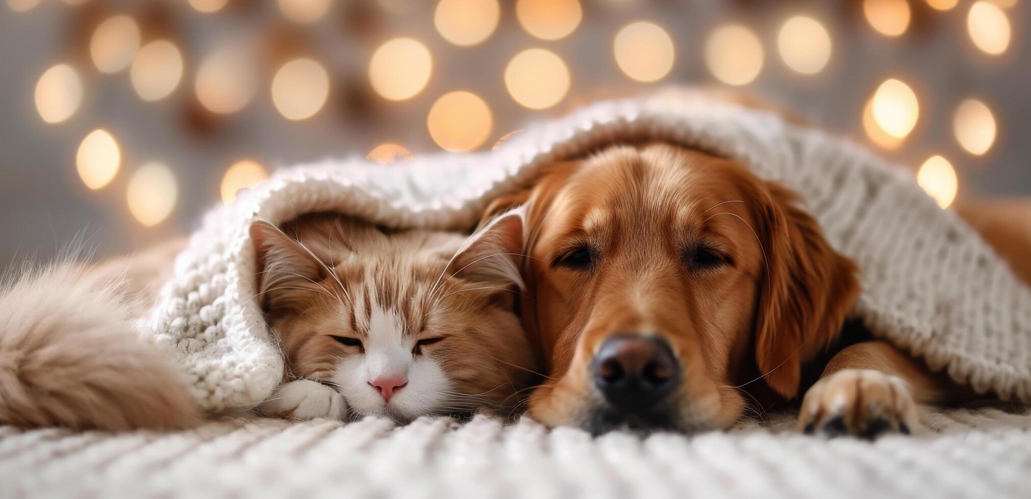 Cozy Cat and Dog Wrapped in Blanket on a Soft Surface With Warm Lights Background photo