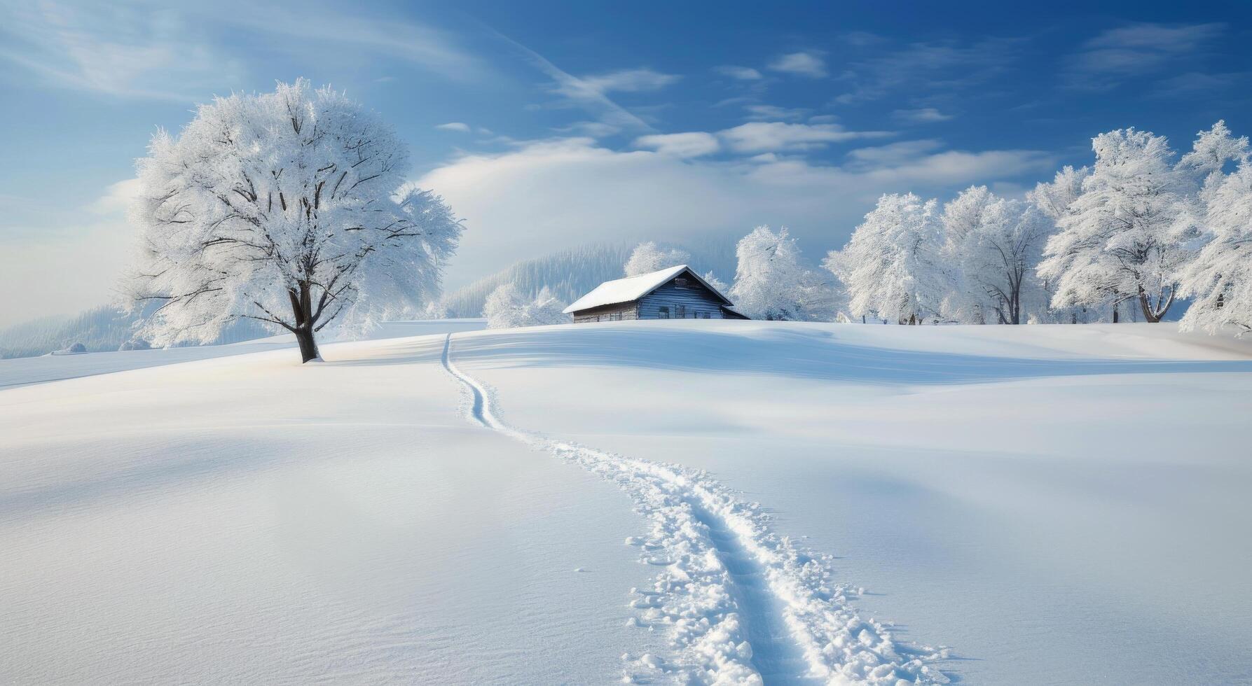 Snow-Covered Landscape With Cozy Cabin and Trail on a Sunny Winter Day photo