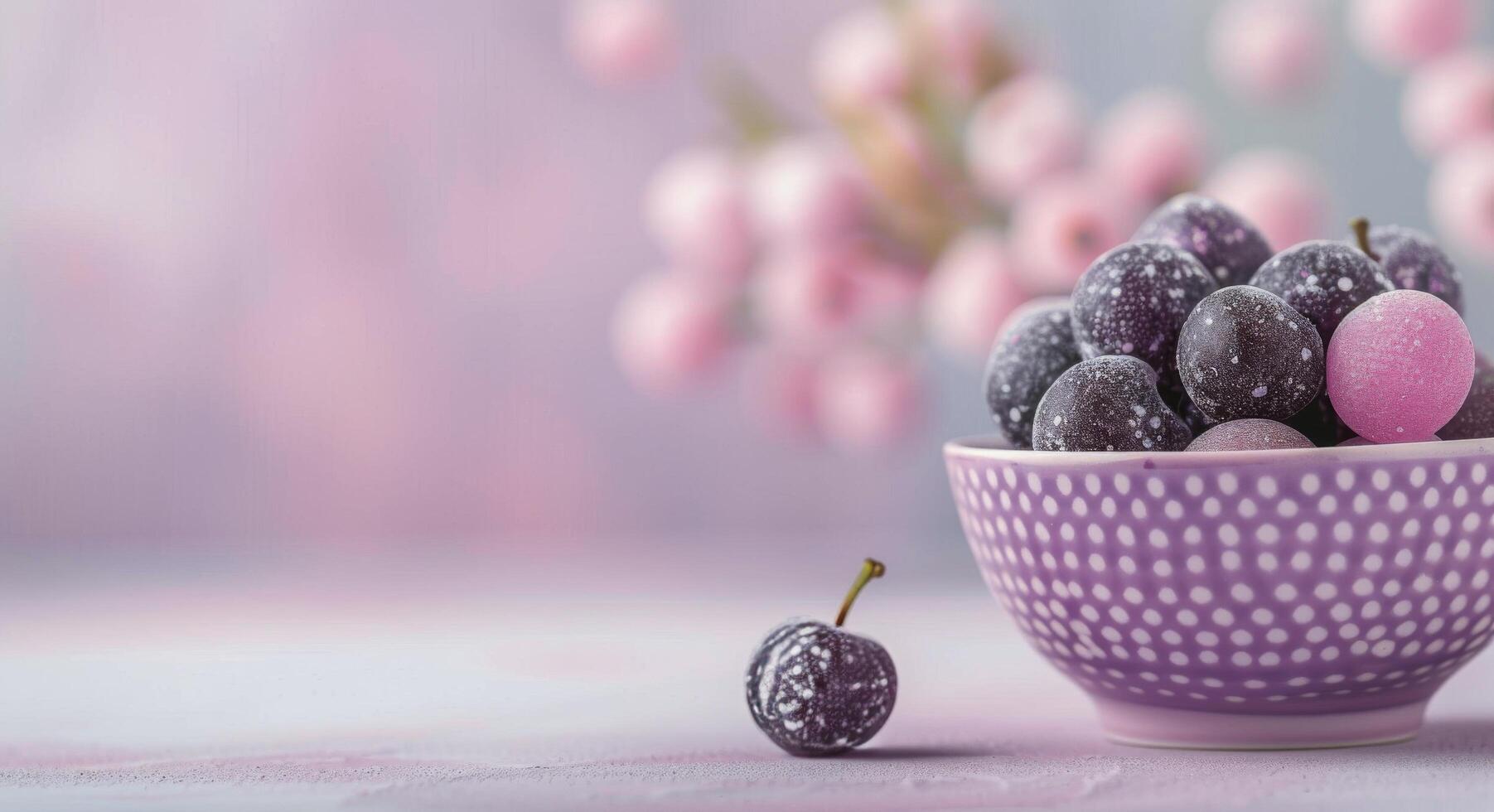 Colorful Candy Bowl With Purple and Pink Confections on a Soft Background photo