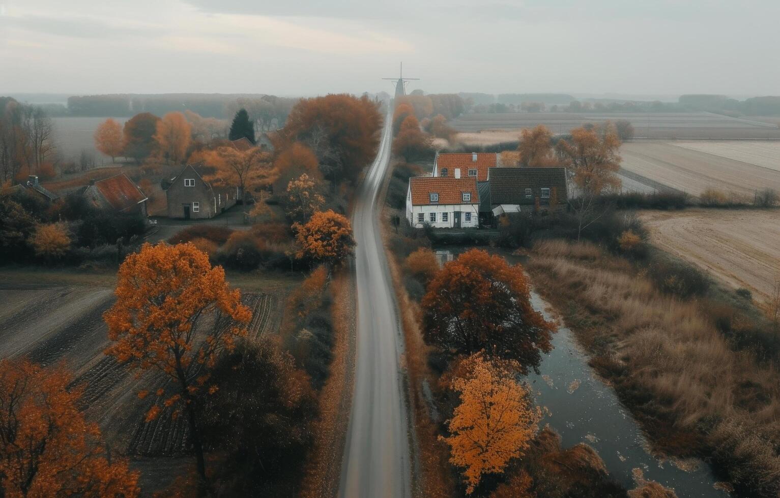 Autumn Sunset Over Traditional Dutch Windmill and Charming Houses photo