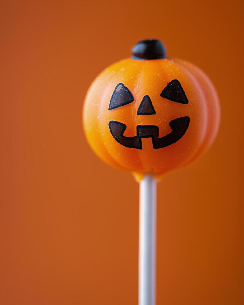 Halloween Cake Pops With Pumpkin Decorations Against Orange Background photo
