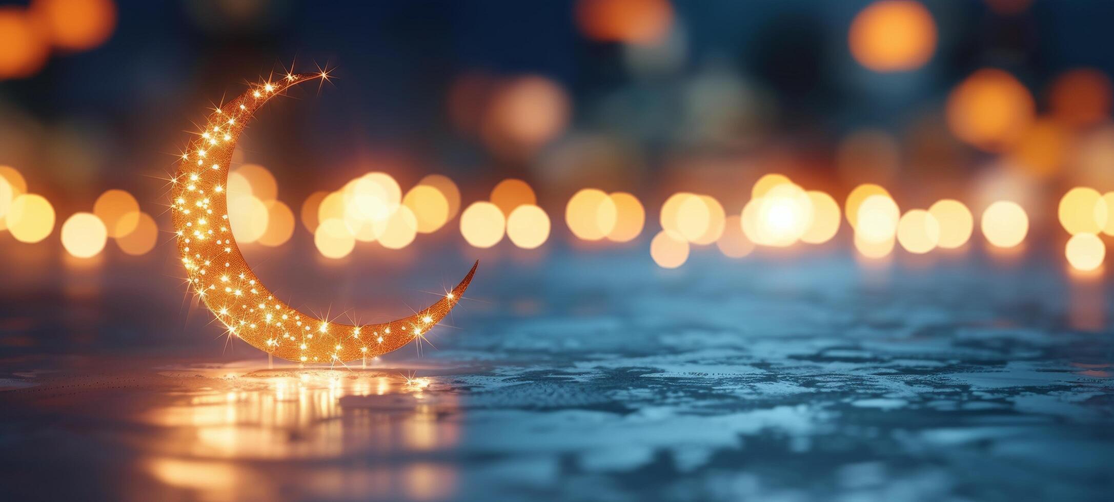 Twinkling Stars and Crescent Moon Over a Dark Sparkling Surface at Night photo
