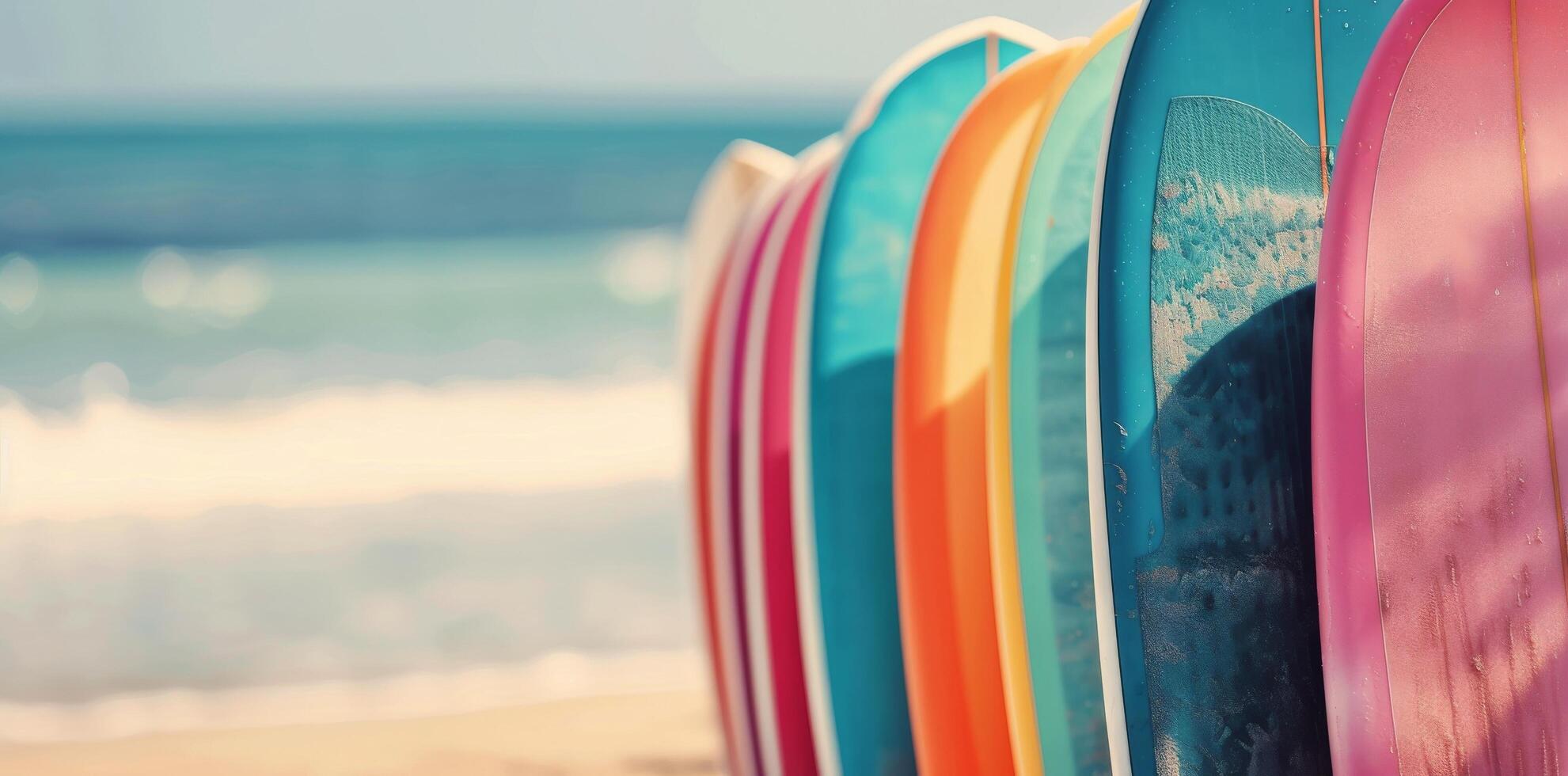 Colorful Surfboards Lined Up on a Beach Shore by the Waves in Bright Sunlight photo