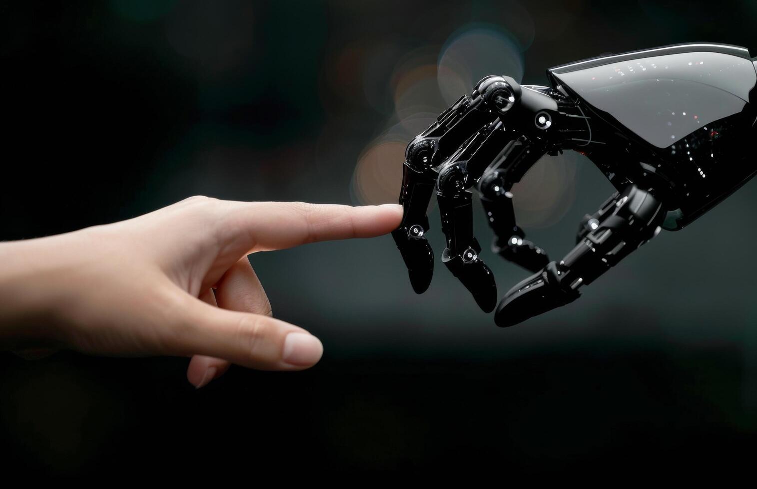Human And Robot Hand Reaching Toward Each Other At Close Range photo