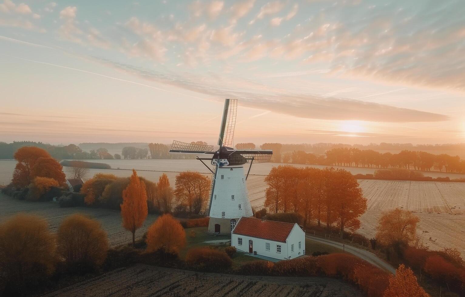 Autumn Sunset Over Traditional Dutch Windmill and Charming Houses photo