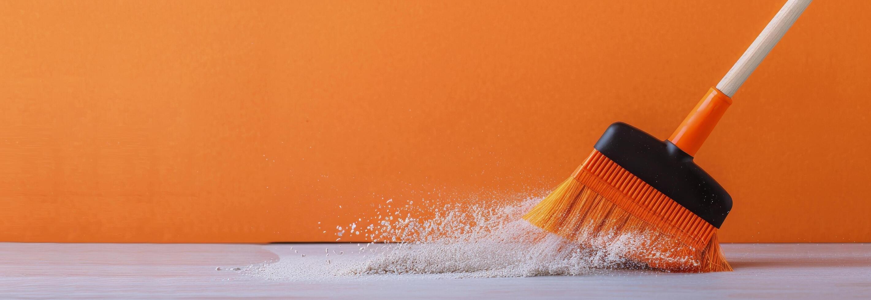 Broom Sweeping Dust on Wooden Surface With Orange Background photo