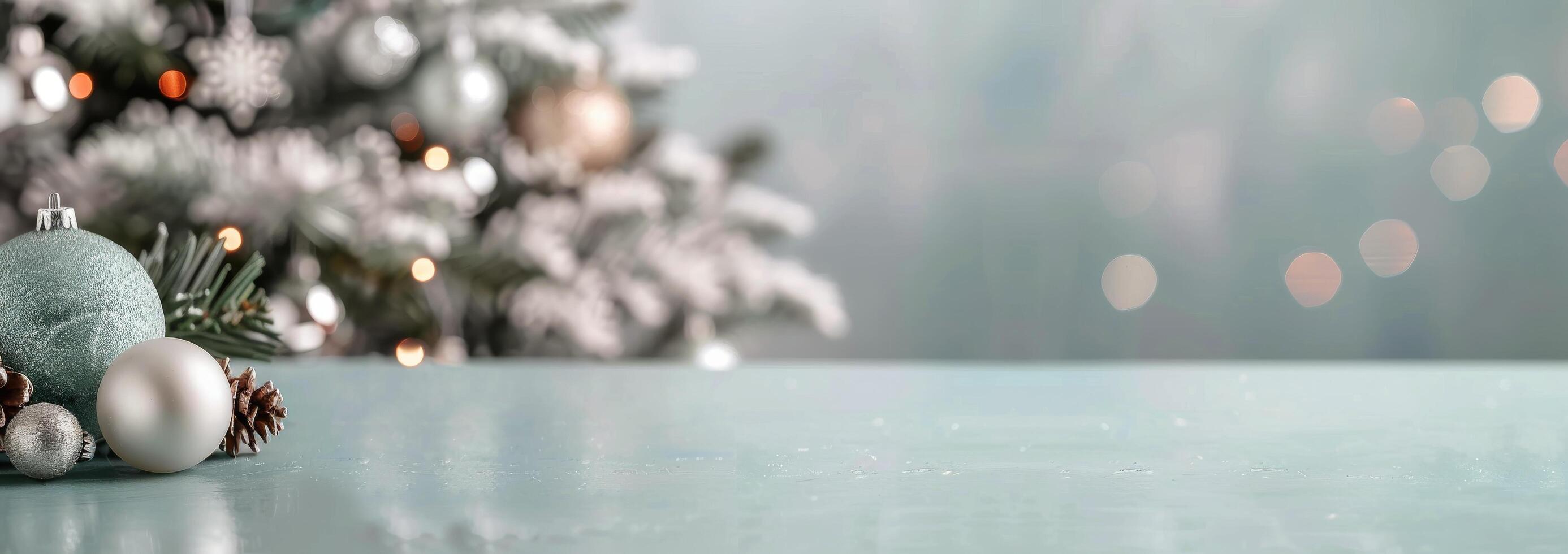 Festive Christmas Ornaments Laying on a Sparkling Surface With Soft Background Lights photo