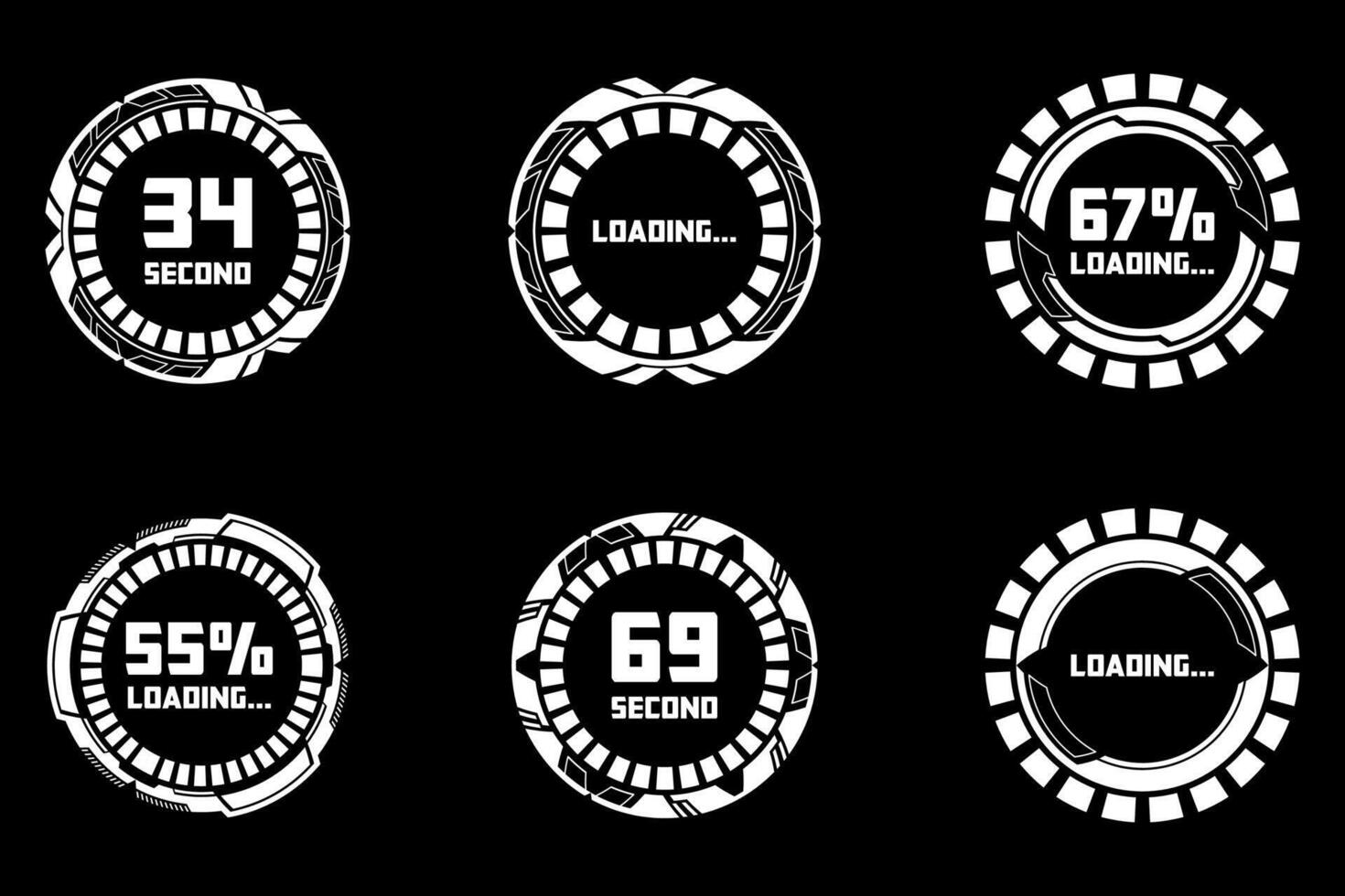HUD Futuristic Loading Screen Elements. Circular Interface Progress Indicators and Timers vector