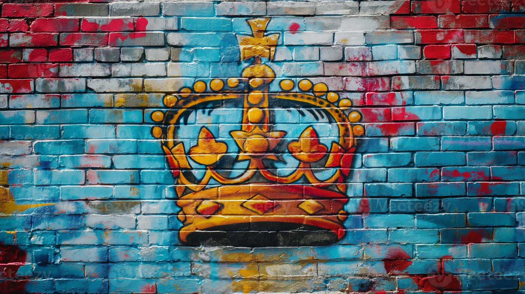 Pop art comic street graffiti with a Crown brick wall. photo