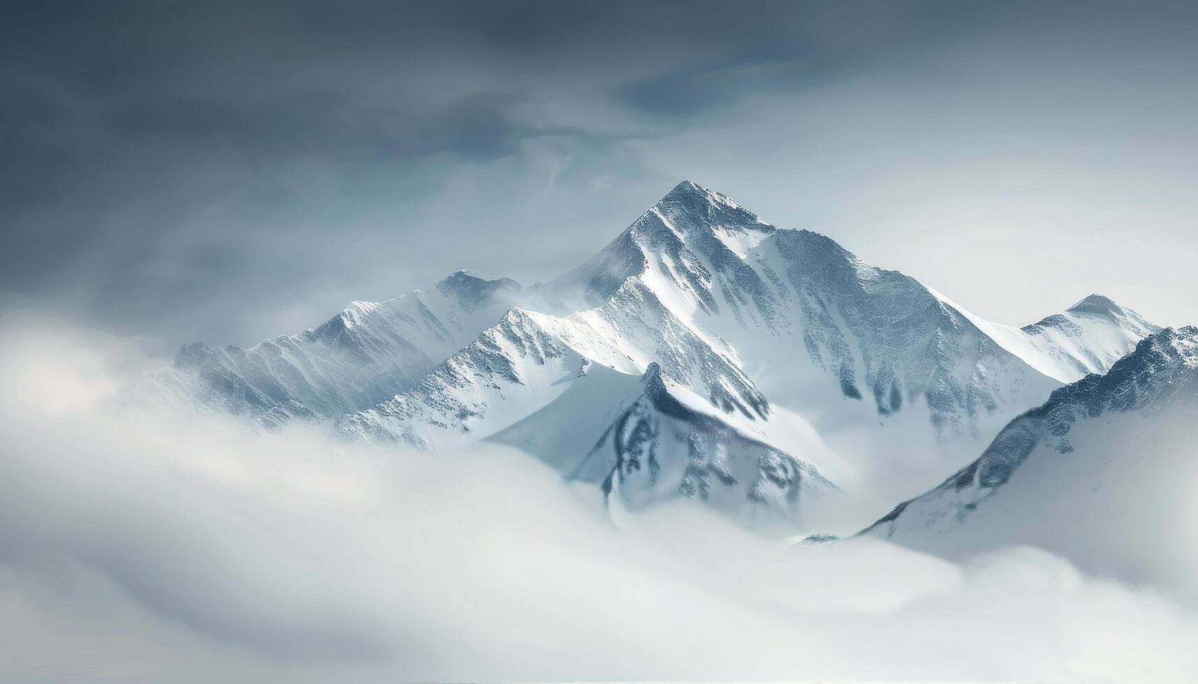 Snow-Capped Mountains Emerging Through Misty Clouds in a Serene Landscape photo