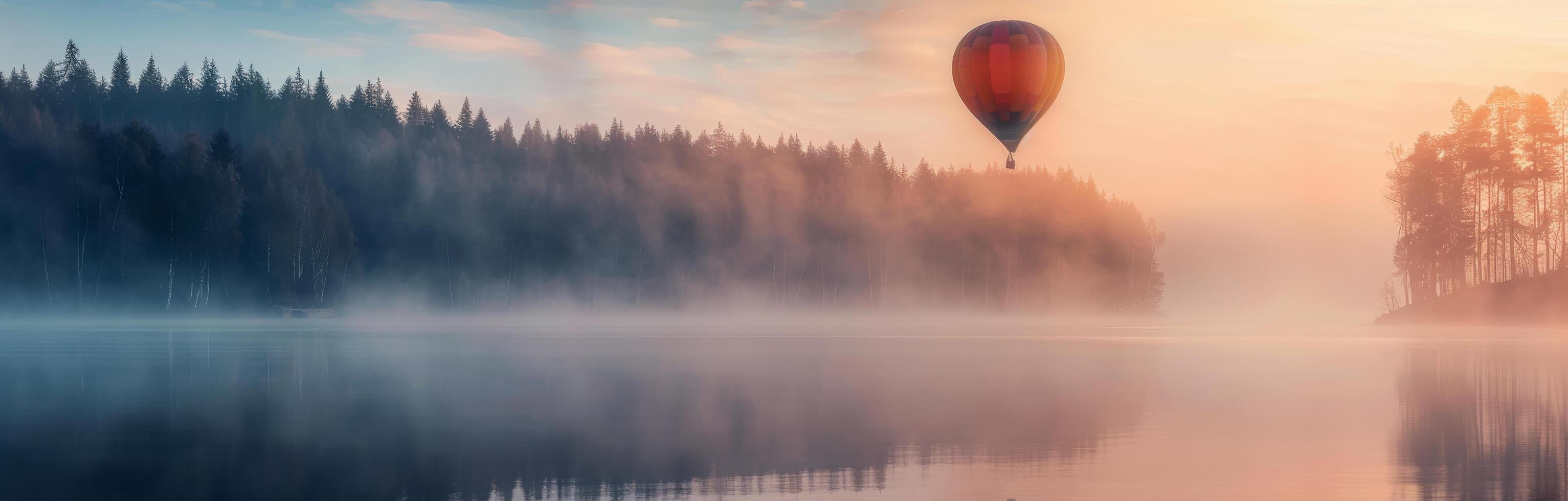 Serene Sunrise Over Calm Lake Surrounded by Dense Forests at Dawn photo