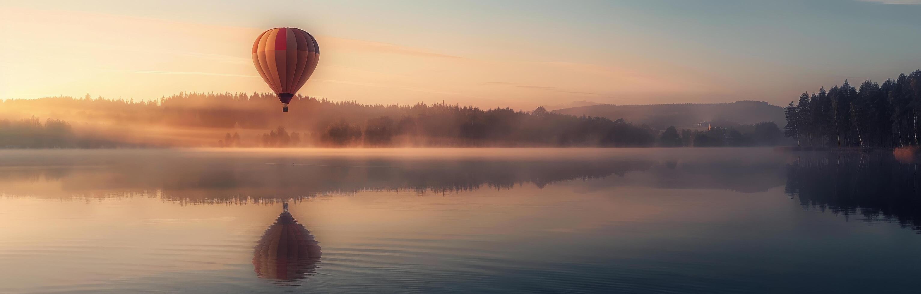 Serene Sunrise Over Calm Lake Surrounded by Dense Forests at Dawn photo