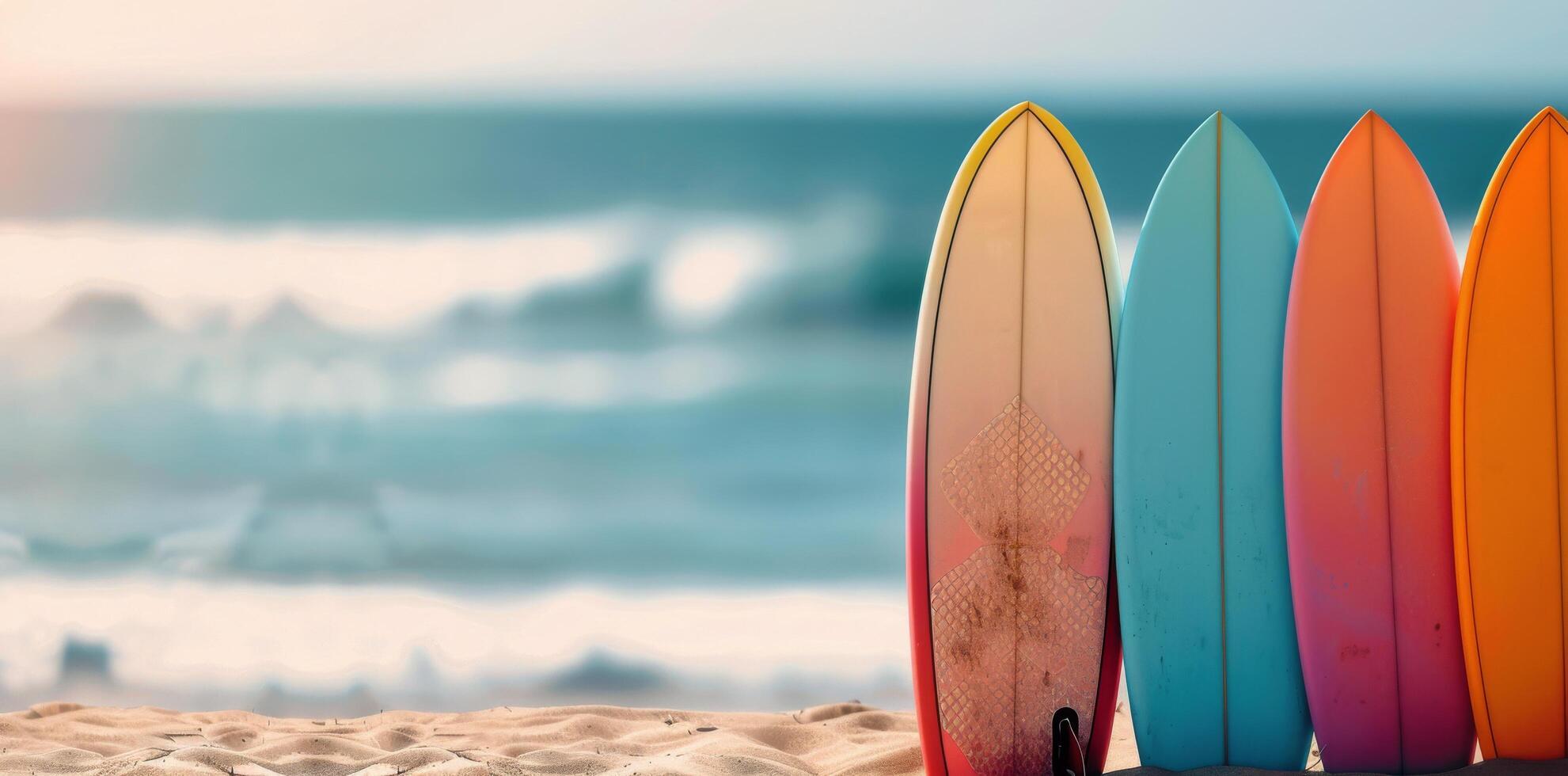 Colorful Surfboards Lined Up on a Beach Shore by the Waves in Bright Sunlight photo
