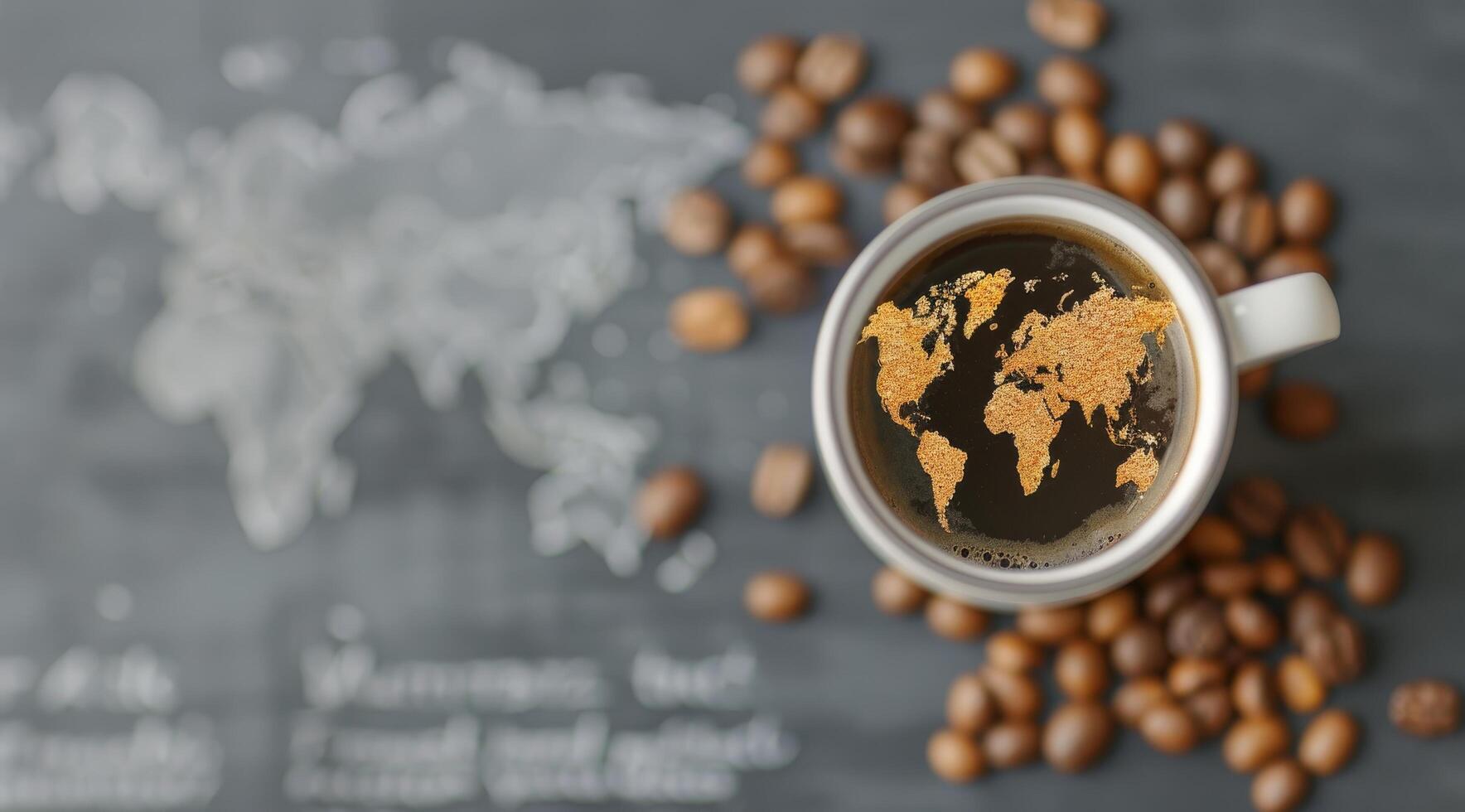 Coffee Beans Forming World Map With a Mug of Brewed Coffee photo
