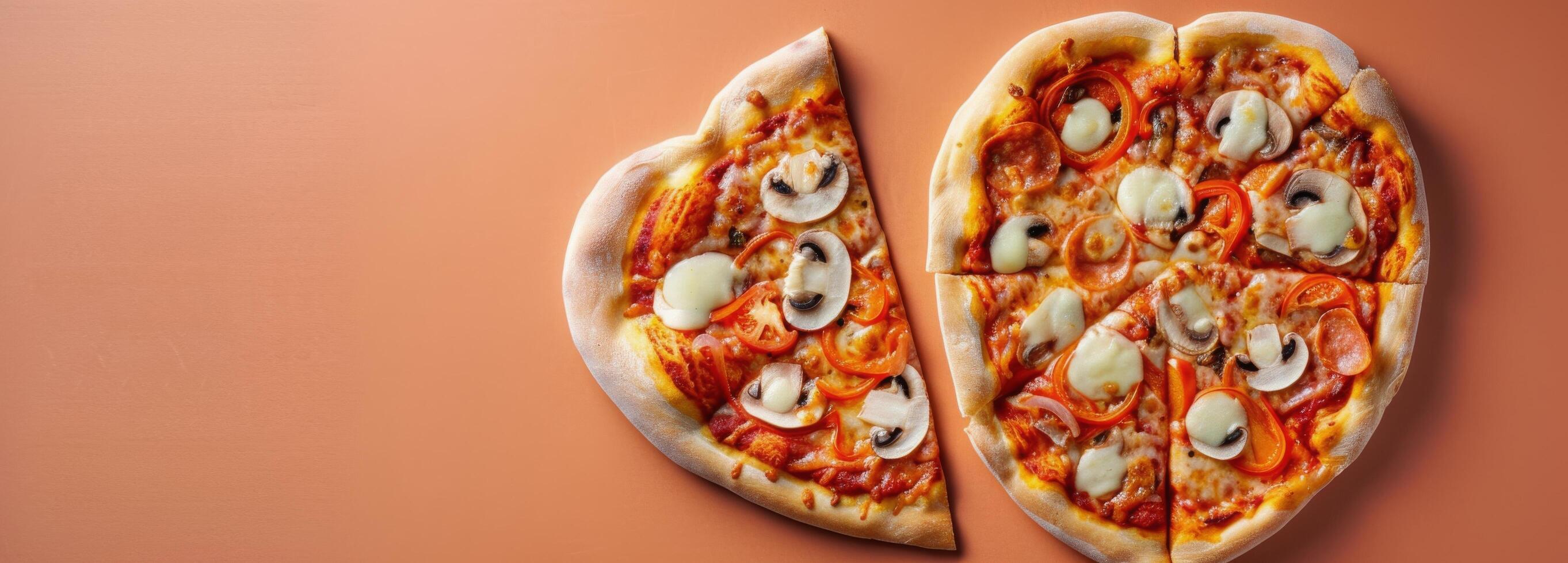 Heart-Shaped Pizza With Toppings Cut Into Slices On A Orange Background photo