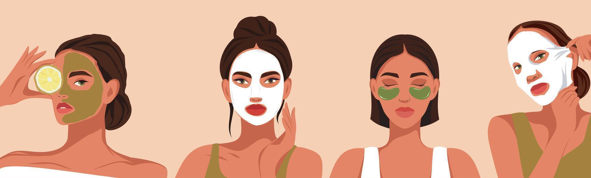 set of cosmetology, facial care cosmetics, youthful skin, creams, masks, patches. Different girls take care of their skin. Ideal result for the skin. illustration for website, banner vector