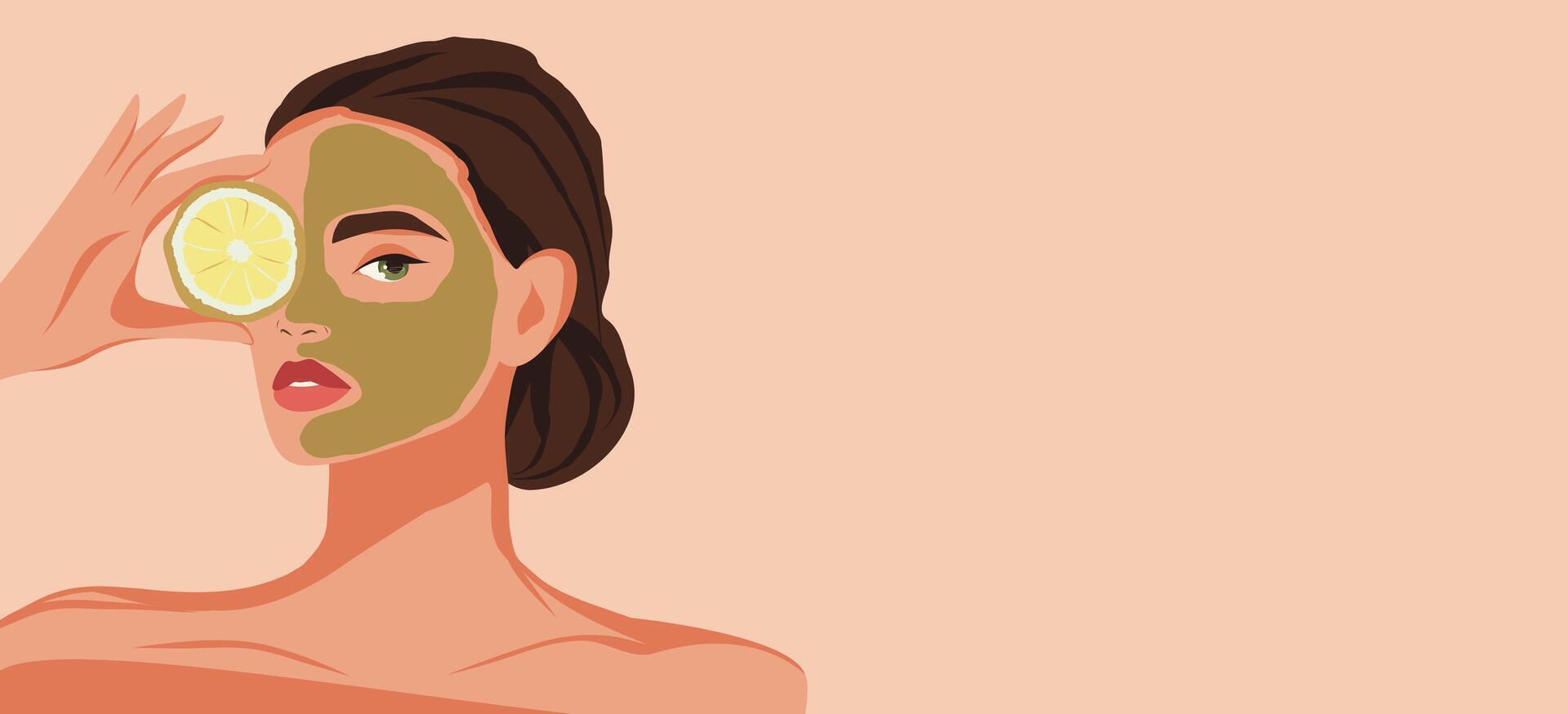 Facial cleansing, toning and cream application. A beautiful woman takes care of her facial skin. Clay green mask. Ideal skin results. flat illustration for text, advertising, website, banner vector