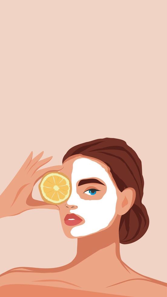 Skin care cosmetics. A beautiful woman takes care of her facial skin. Cleansing your face with a sheet mask. Ideal skin results. flat illustration for text for advertising, website, banner vector