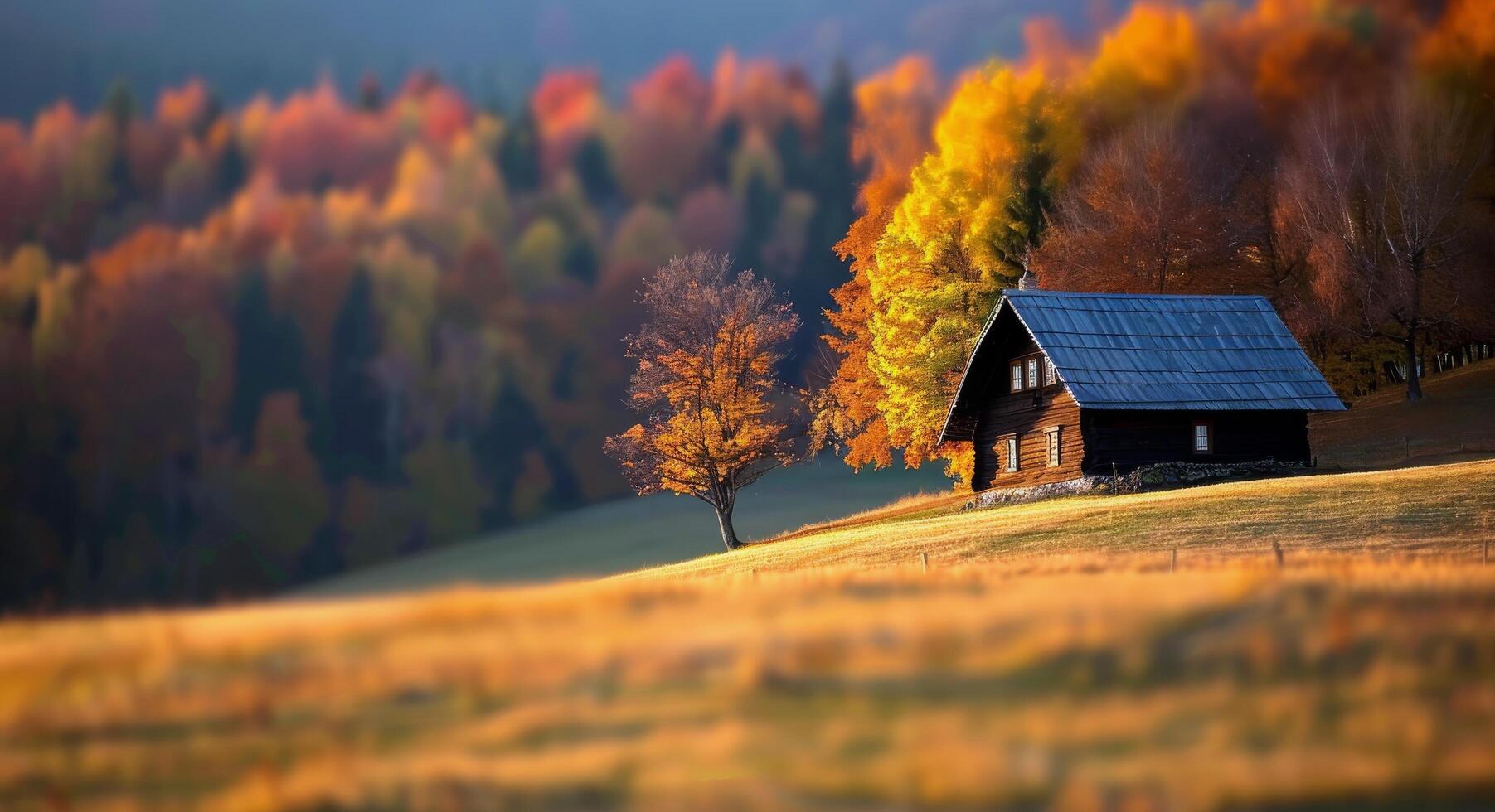Rustic Barn Surrounded by Colorful Autumn Trees in Golden Hour Light photo