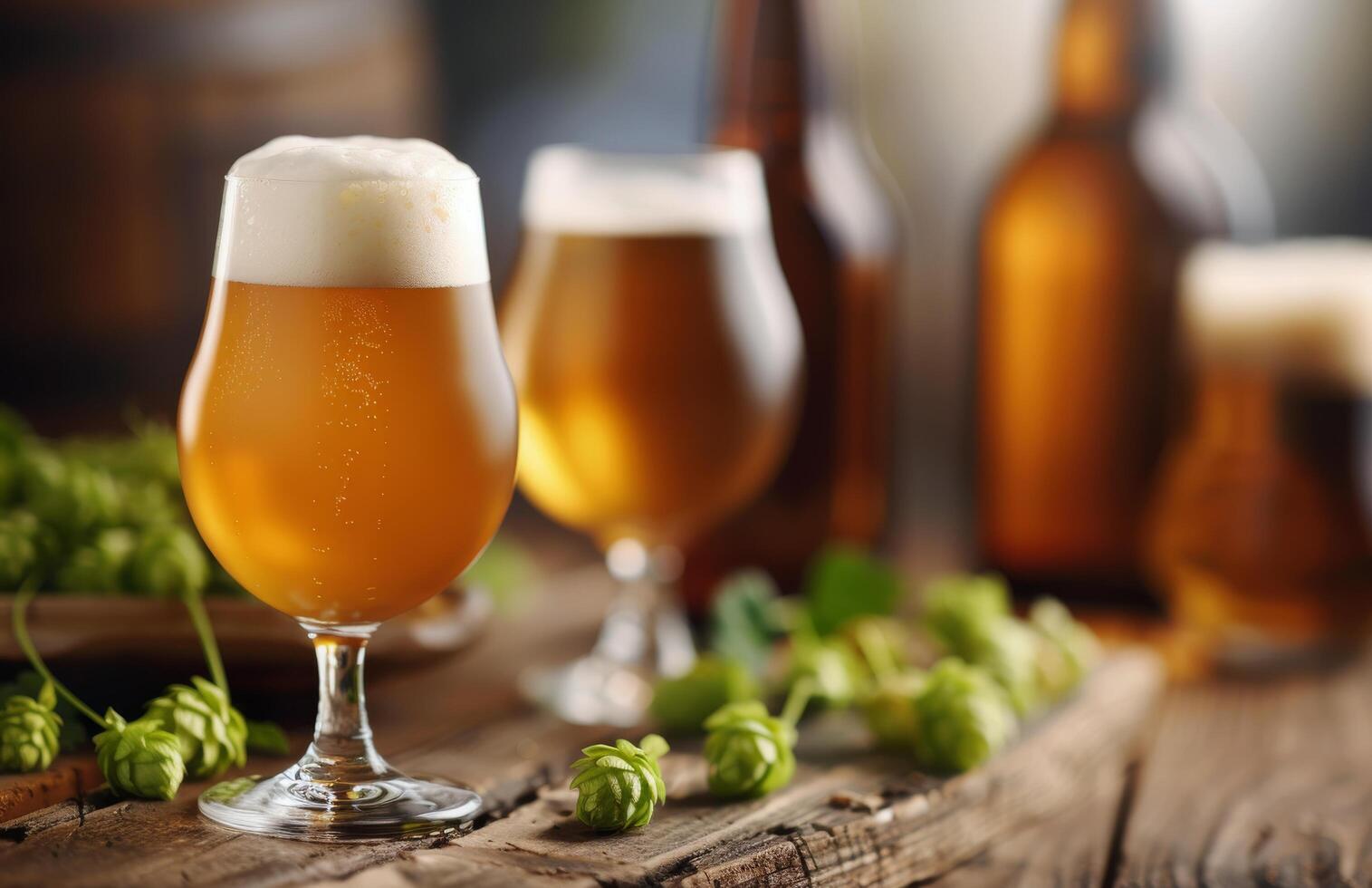Craft Beer Glasses Surrounded by Fresh Hops on Rustic Wooden Surface photo