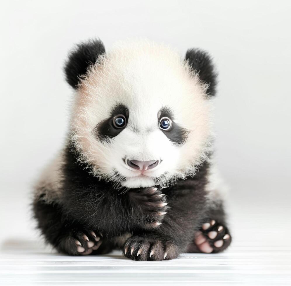 Adorable Baby Panda Sitting on Soft Fur Rug in Calm Indoor Setting photo