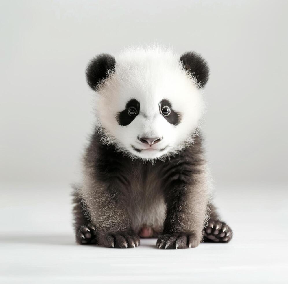 Adorable Baby Panda Sitting on Soft Fur Rug in Calm Indoor Setting photo