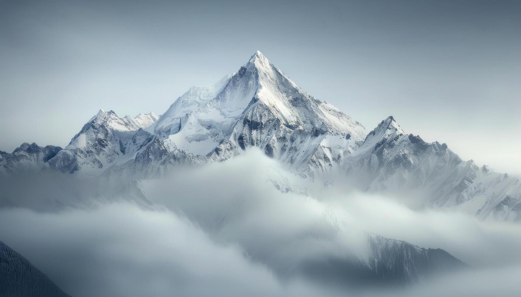 Snow-Capped Mountains Emerging Through Misty Clouds in a Serene Landscape photo