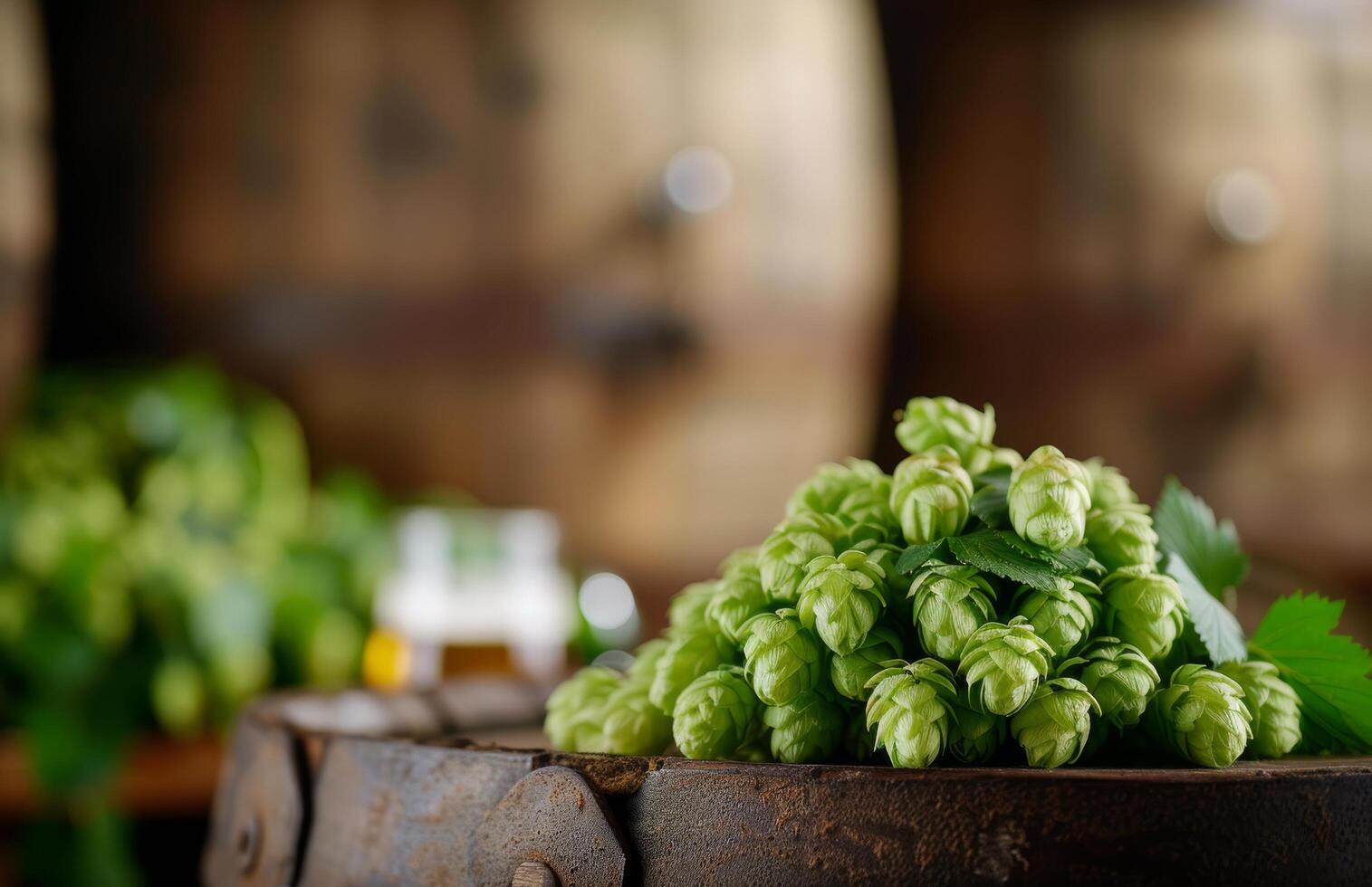 Fresh Hop Flowers on Barrel With Beer in Rustic Brewery Setting photo
