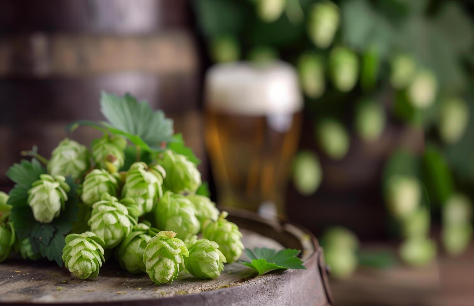 Fresh Hop Flowers on Barrel With Beer in Rustic Brewery Setting photo