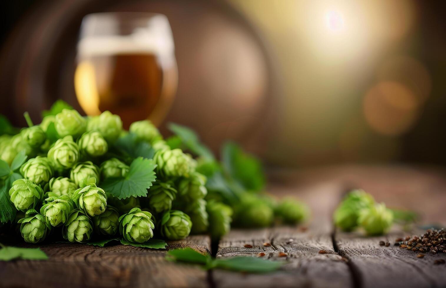 Fresh Hop Flowers on Barrel With Beer in Rustic Brewery Setting photo