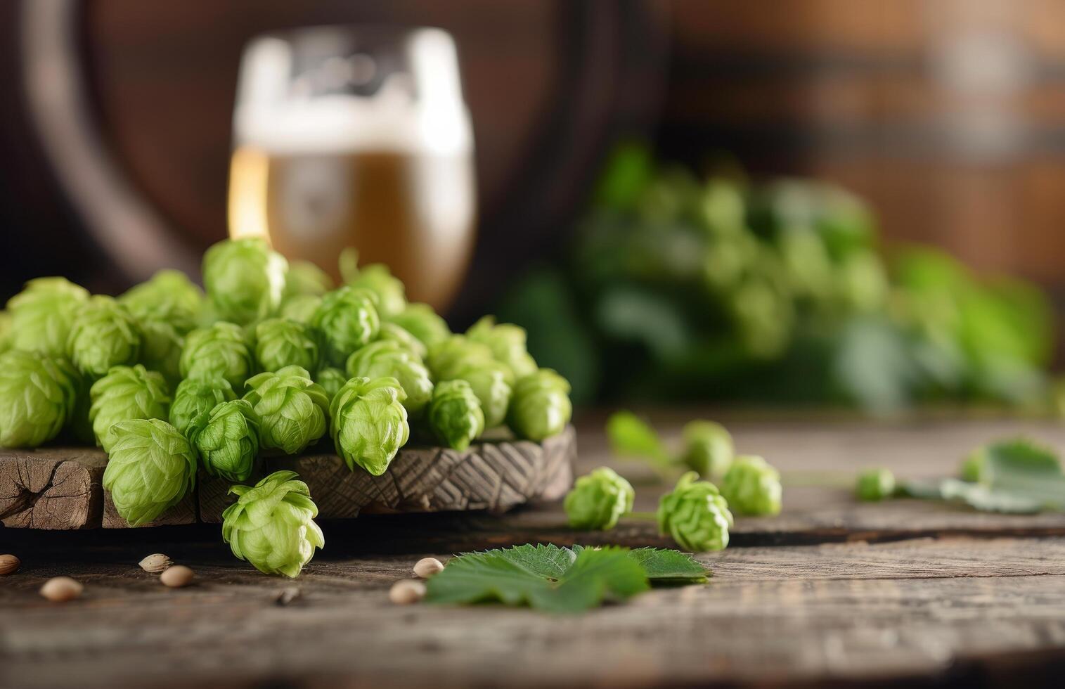 Fresh Hop Flowers on Barrel With Beer in Rustic Brewery Setting photo