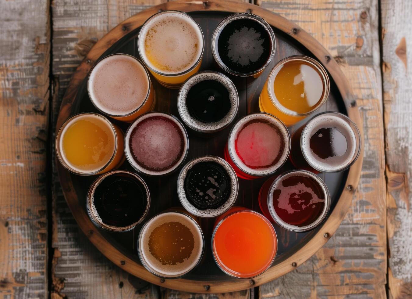 Assorted Craft Beers on a Wooden Tray in a Rustic Brewery Setting photo