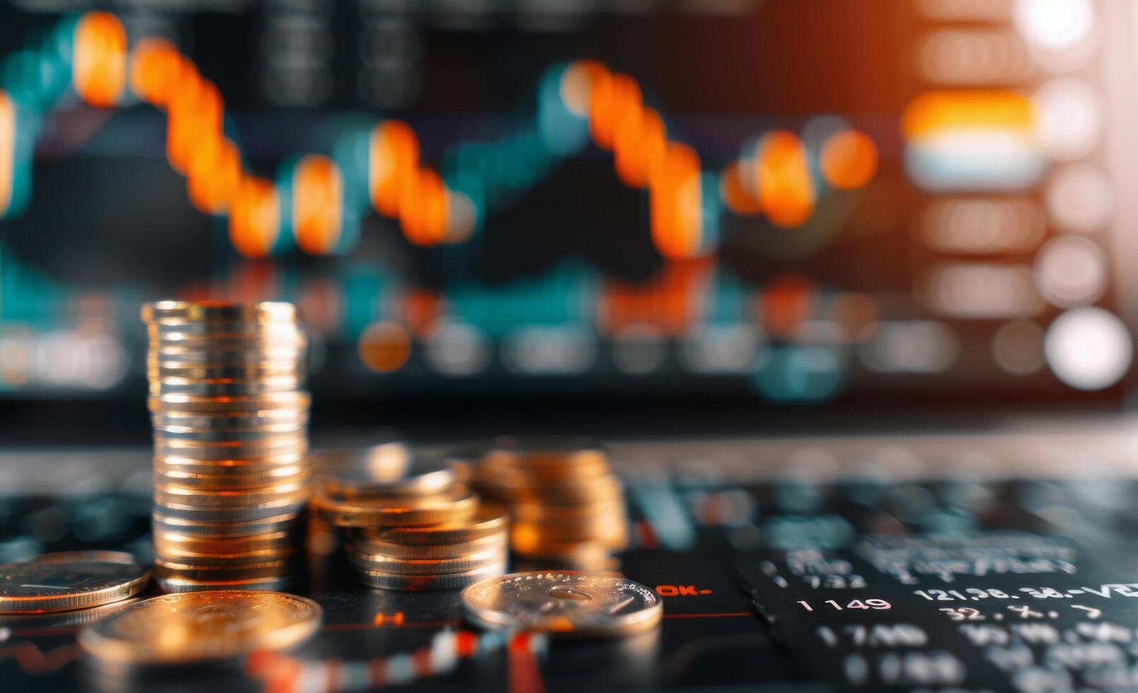 Stacks of Coins on a Colorful Financial Chart Background in a Bright Workspace photo