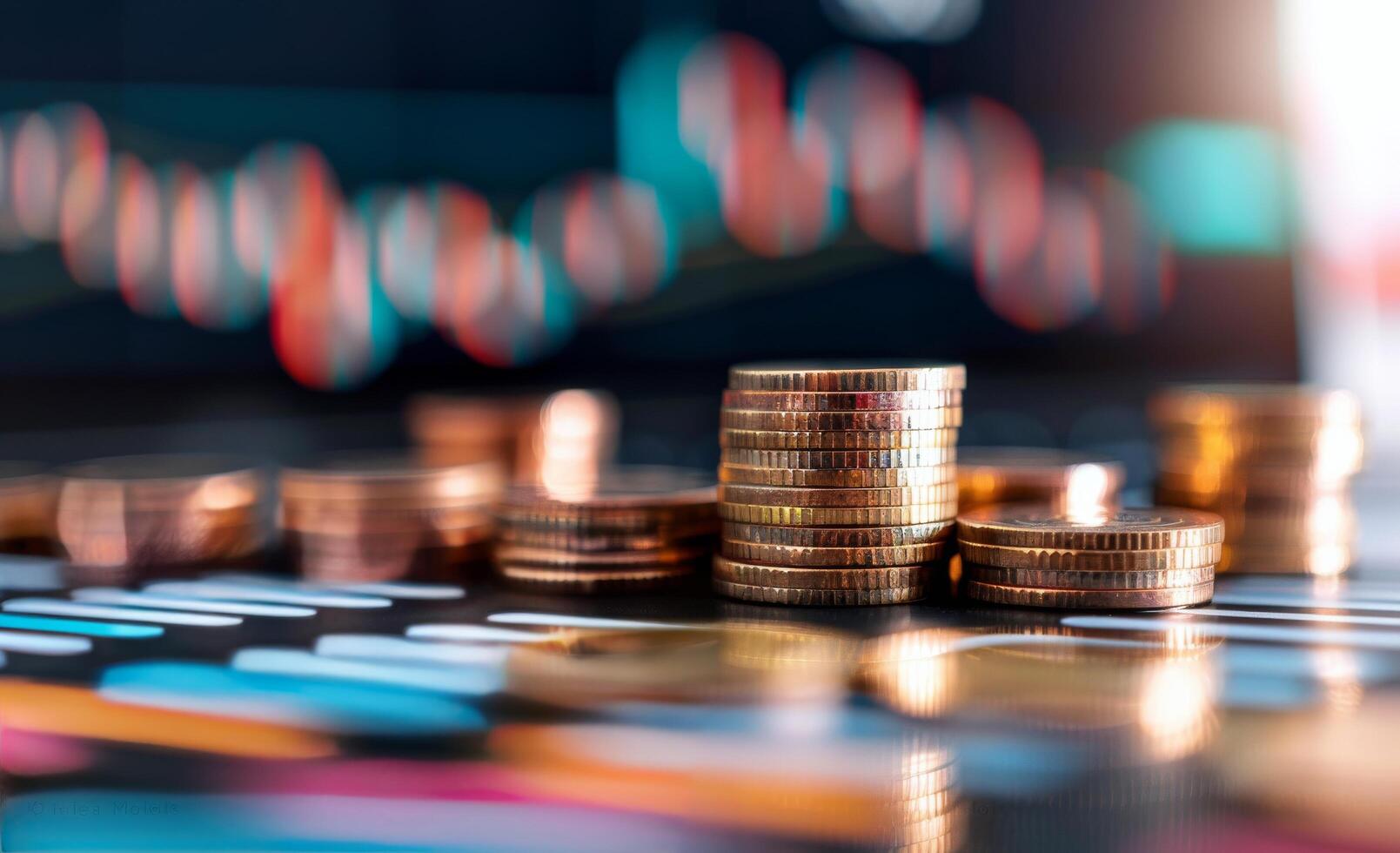 Stacks of Coins on a Colorful Financial Chart Background in a Bright Workspace photo