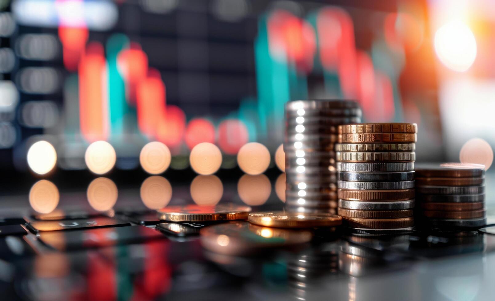 Stacks of Coins on a Colorful Financial Chart Background in a Bright Workspace photo