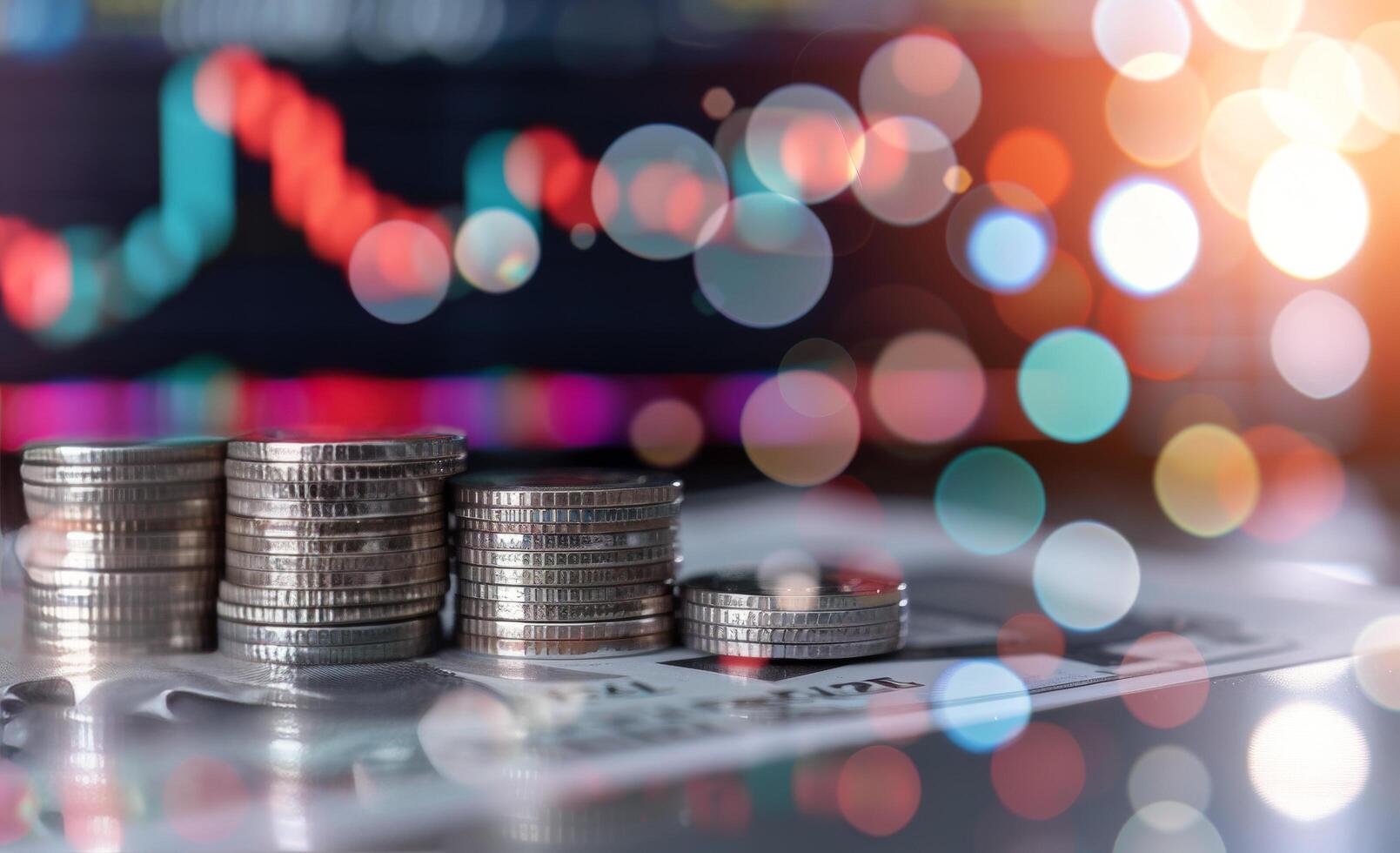 Stacks of Coins on a Colorful Financial Chart Background in a Bright Workspace photo