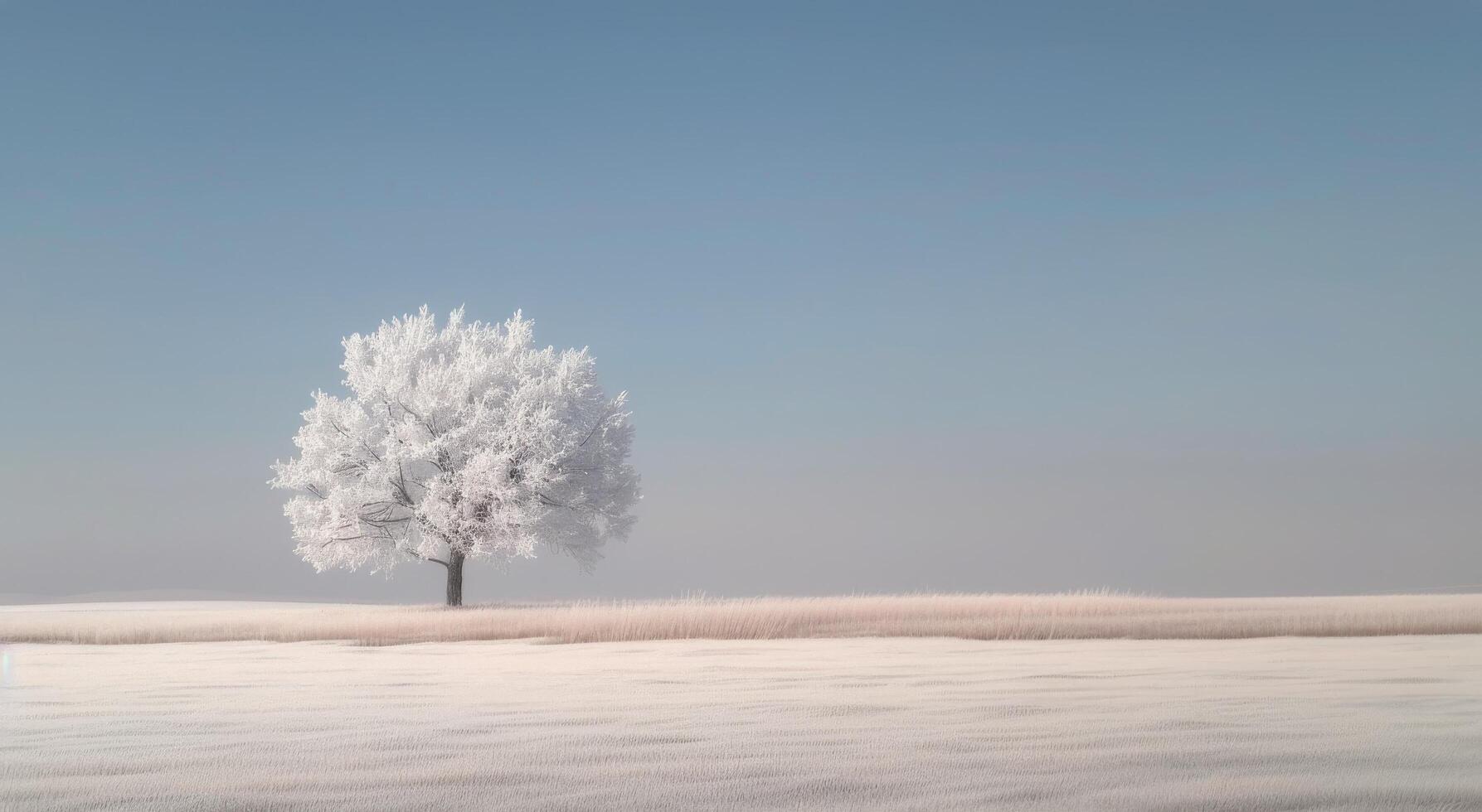 Frost-Covered Tree in Winter Landscape at Dusk photo
