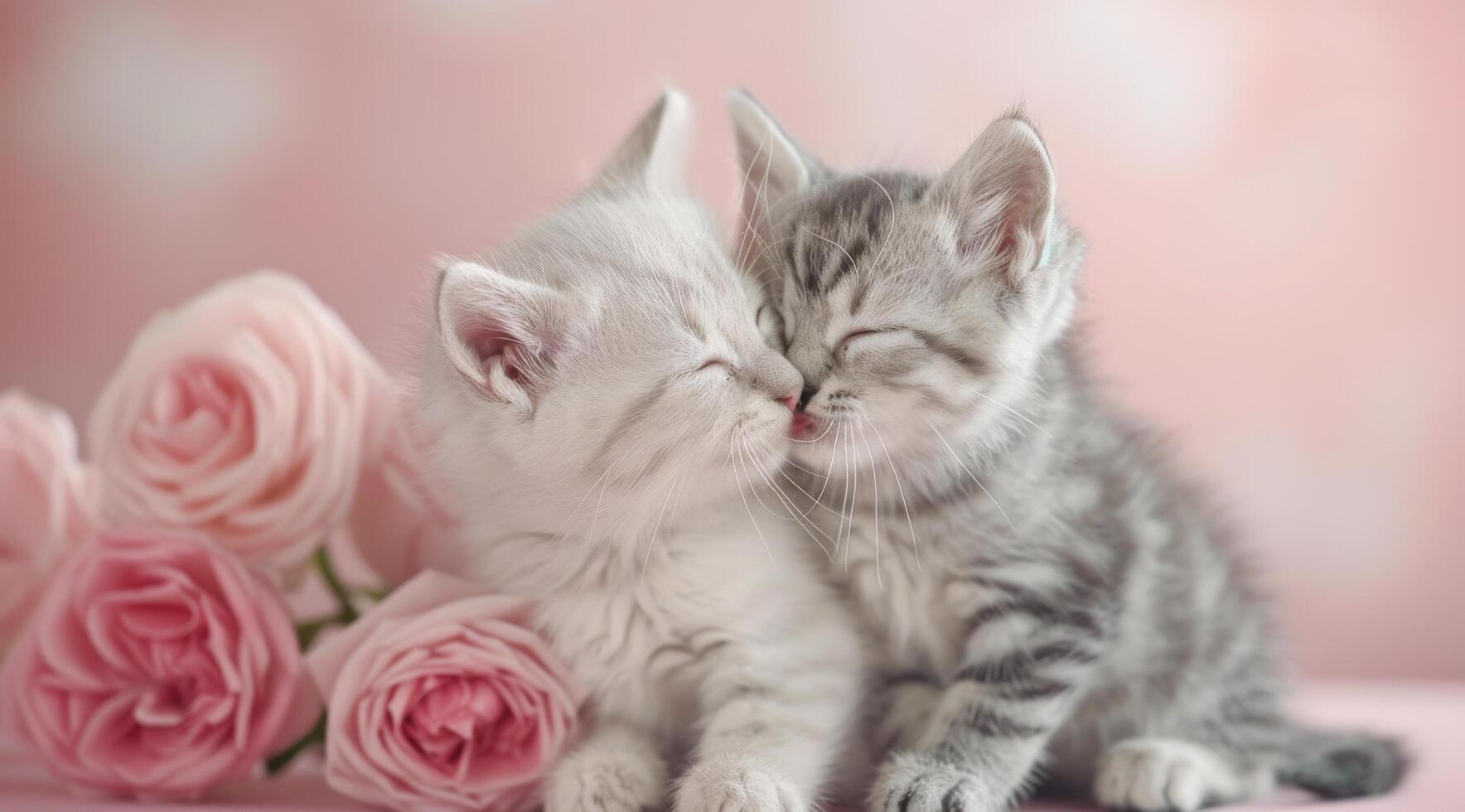 Two Adorable Kittens Snuggling Among Roses With Soft Pink Background photo