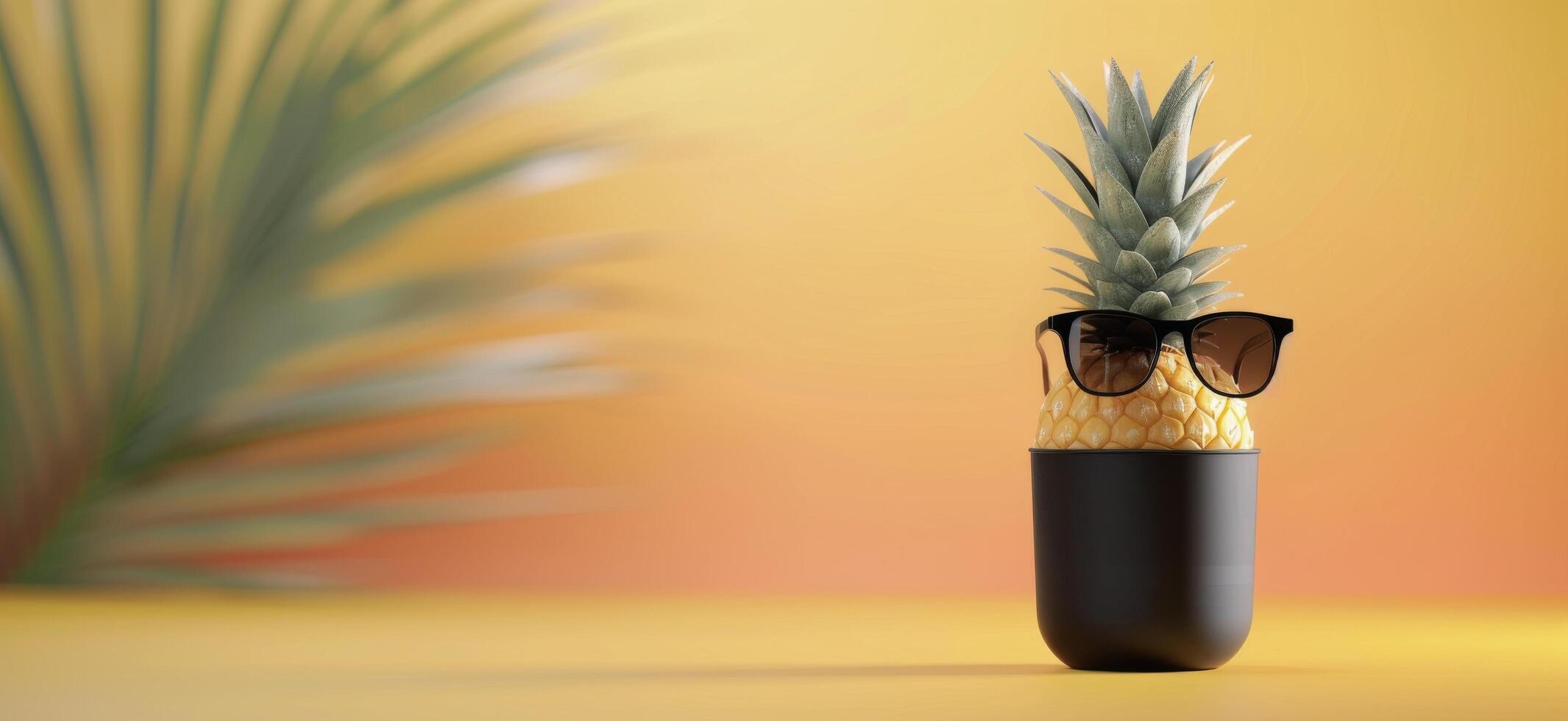 Pineapple Wearing Sunglasses on a Yellow Background With Tropical Leaves photo