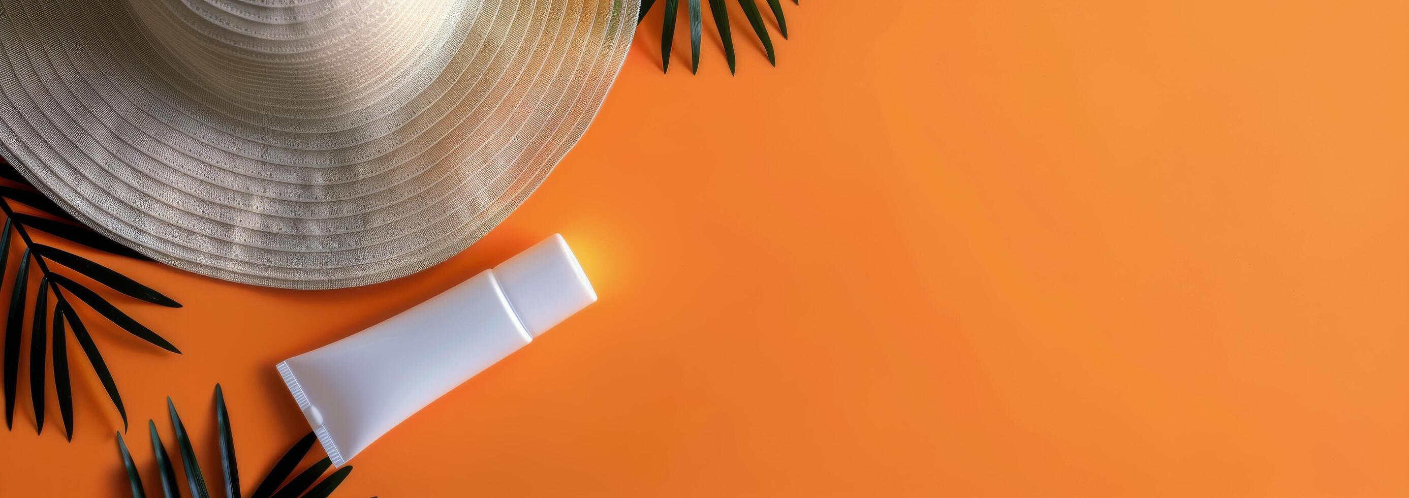 Summer Hat and Sunscreen on an Orange Background With Palm Leaves photo