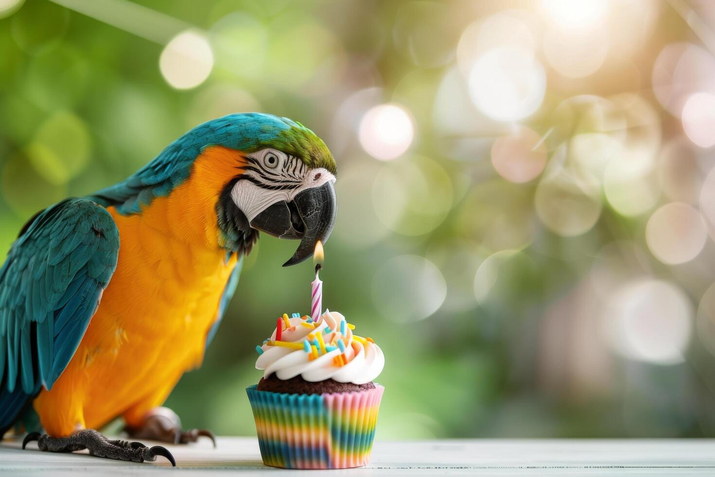 Macaw Celebrating Birthday With Colorful Cupcake and Candle Outdoors photo