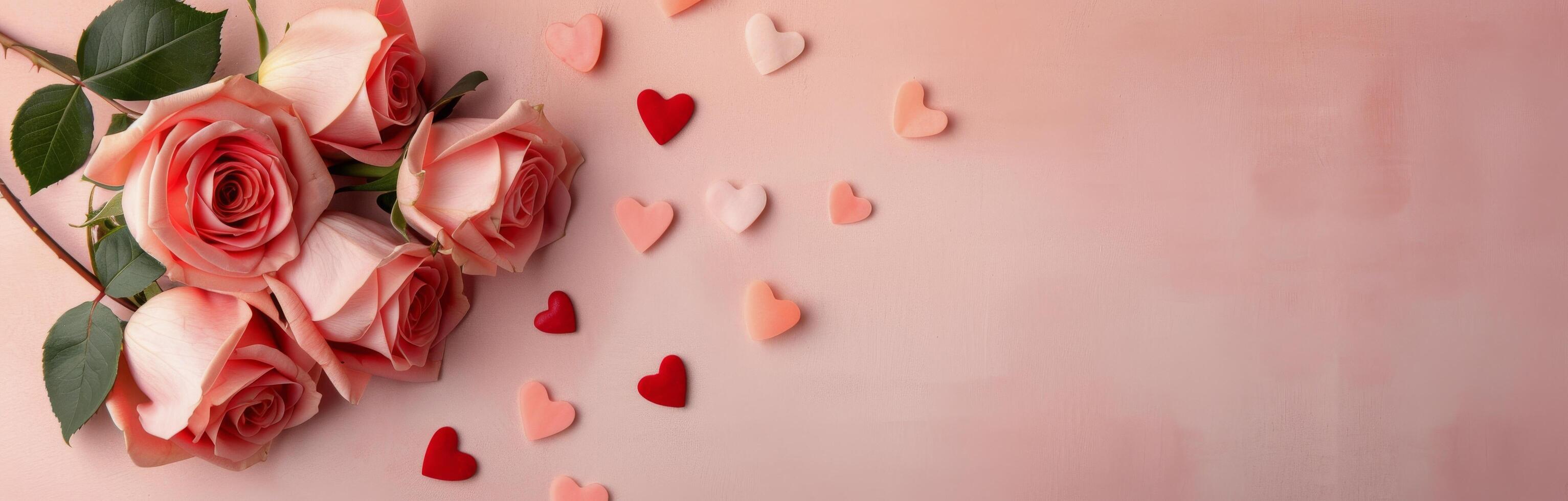 Romantic Bouquet of Pink Roses Surrounded by Heart-Shaped Decorations on Soft Background photo